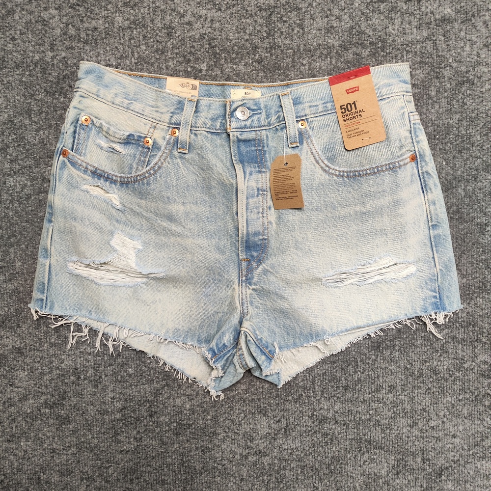 Levis 501 Denim Shorts Womens W31 Light Wash High Rise Distressed Cutoff Raw Hem